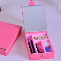 便携折叠式桌面化妆品收纳盒带镜子多功能珠宝首饰品储物盒子 粉色小号