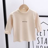 儿童自发热德绒中领单件上衣t恤宝宝长袖秋衣婴儿保暖女童打底衫 GL001卡其字母 73 建议身高67-73cm