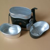 单兵餐具 多功能铝合金炊具 德式野战便携式饭盒 带饭盒铝水壶 军绿色