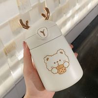 保温杯女学生便携可爱吸管式儿童上学专用水壶高颜值大肚超萌杯子 白色350ml 单杯+透明贴纸