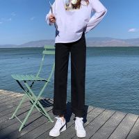 加绒烟灰色高腰阔腿裤牛仔裤女2021新款秋冬季宽松显瘦直筒裤子潮 纯黑005薄款 [腰围可调节大小] S [建议85-9