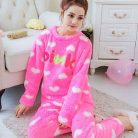 睡衣女秋冬季珊瑚绒睡袍长款套装可外穿法兰绒加厚加绒浴袍家居服 8013玫红PINK 上衣+裤子 S