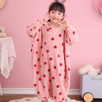 儿童睡衣冬季连体长毛绒男童女孩卡通防踢被睡袋中大童加厚家居服 [连体绒睡袋]草莓 18码(140-150)cm