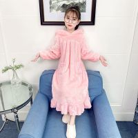 女童睡衣加绒秋冬款中大童珊瑚绒睡袍儿童家居服女宝宝法兰绒睡裙 粉色睡衣 100 建议身高100左右