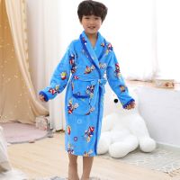 儿童浴袍秋冬季加厚珊瑚绒男童女童睡袍小孩法兰绒卡通保暖家居服 蓝色 奥特曼睡袍 8码 身高95-105cm