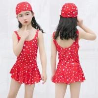 新款套装儿童泳装衣连体带帽女孩温泉泳装学生泳裤大中童可爱泳衣 红色星星+帽子 二件套 50#建议身高85-95cm