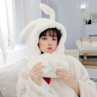 帽子女冬韩版加厚雷锋帽可爱兔耳朵学生帽骑车护耳帽子围巾一体潮 奶白 均码(可调节)