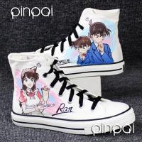 秋冬加绒名侦探柯南基德联名高帮涂鸦手绘帆布鞋动漫周边男女板鞋 粉蓝 柯南新一小兰 35