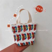 ins复古波点帆布袋学生韩版圆点小手提包小布白手拎饭盒袋水桶包 网红花小包