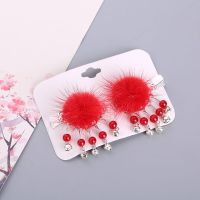 女童发饰古装汉服发夹超仙水貂毛球复古头饰儿童古典对夹古风饰品 大毛球铃铛 红色1对