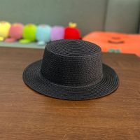 小檐平顶草帽女夏天英伦沙滩帽防晒百搭礼帽海边旅游度假遮阳帽子 平顶光版黑色 均码适合头围[55-57cm]