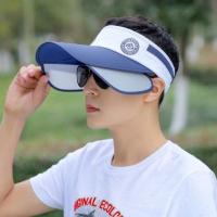 夏天遮阳帽子男士韩版潮钓鱼无顶大帽檐太阳帽防晒骑车宽沿空顶帽 藏青色- Sport 双色拉板 均码 可调节(56-60c