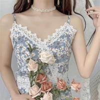 名媛气质蕾丝边碎花连衣裙吊带裙雪纺衫防晒衣披肩两件套装裙长裙 单件蓝色裙 单裙子 S