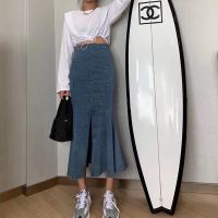 高腰修身后开叉中长款牛仔裙女2021夏季新款时尚鱼尾包臀半身裙[7天内发货] 蓝色 S [建议80-95斤]