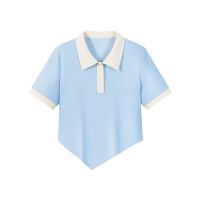 我是你的cc阿 甜猫日记~短袖POLO衫女夏不规则撞色短款显瘦上衣女 蓝色翻领[关注店铺优先发货] S 建议75-90斤