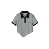 我是你的cc阿 甜猫日记~翻领POLO衫女夏不规则下摆撞色薄款短袖 灰色 S