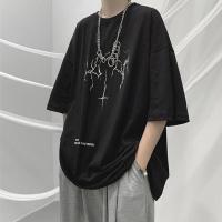 2021新款夏季闪电印花短袖T恤男复古暗黑风上衣韩版宽松潮流体恤 T472]裂空 黑色 S 40-60斤