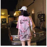 2021新款夏季国潮中国风仙鹤短袖女宽松半袖嘻哈ins情侣装T恤潮牌 粉色-仙鹤指路[收藏店铺送礼品] M [建议80-