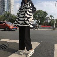 棉裤春季新款套装女学生韩版宽松条纹长袖T恤+休闲阔腿裤女两件套 黑色单裤子 M 建议[70-95斤]