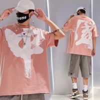 国潮短袖男生大码潮牌t恤夏季宽松中国风嘻哈胖子青少年情侣半袖 粉[前后中国]关注店铺送手链 S码[75-90斤]