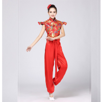女舞蹈服礼服龙锦礼服女款喜庆表演服亮片舞蹈裙中国风打鼓服伴娘 红色裤款 S