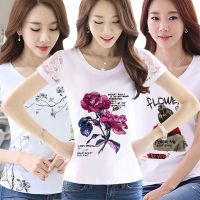 热卖欧美风2021印花蕾丝拼接衫T恤女夏季短袖圆领修身衣ing潮 深红花蕾丝T恤 S