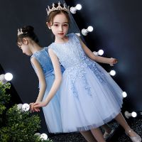 女童公主裙夏装2021新款洋气仙女孩礼服毕业表演出服小花童婚纱裙 浅蓝色背心送珍珠发箍朵拉 朵拉款 80 尺码偏小建议加