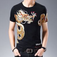 夏季男士短袖t恤花纹龙图案汗衫男装古惑仔创意中国风体恤上衣服 9808/黑底黄龙 165/84A