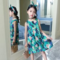 [送发箍]女童背心连衣裙2021夏款棉麻公主碎花裙女孩背心裙子 绿色[菱形格连衣裙] 棉麻面料 120码建议身高110c