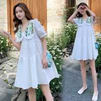 孕妇装夏装潮妈甜美减龄刺绣翻领娃娃裙中长款A字宽松连衣裙女夏 白色短袖连衣裙 S 80-100
