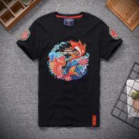 春夏季新款中国风刺绣貔貅短袖T恤男 复古大码男装半袖圆领体恤潮 FW1913鲤鱼跃龙门短袖[黑色] S