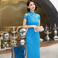 改良版旗袍少女2020年新款蓝色蕾丝优雅中国风年轻款连衣裙旗袍 湖蓝色 (偏小) S