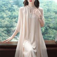 2021春装两件套汉服中长裙中国风女复古气质旗袍改良版纺纱连衣裙 杏色 套装14 M