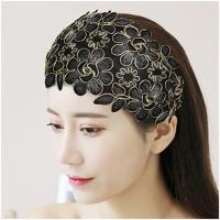 名族风气质宽边花朵发箍遮白发刺绣带齿防滑压发碎发蕾丝发卡头饰 迎春花-黑色