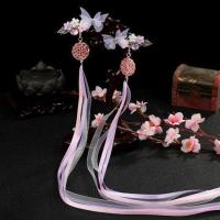 古风饰品汉服雪纺蝴蝶发夹对夹古代头饰古装发饰儿童超仙气飘带女 蝶舞飞紫色一对