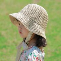 儿童草帽女公主夏季防晒蕾丝草编可折叠可爱男宝宝沙滩遮阳渔夫帽 蕾丝系带-米色 帽围48cm 建议(2岁以内)