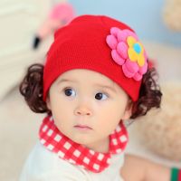 婴儿帽子春夏薄款女童蝴蝶结护囟门卤门帽宝宝可爱超萌公主假发帽 堆堆花红色--假发帽