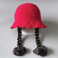 儿童帽子婴儿毛线帽女童帽女1-2-4宝宝帽带假发小女孩5长假发帽潮 红色辫子 1-3岁(47-50cm)