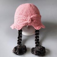 儿童帽子女宝宝假发帽毛线冬公主长发帽子女韩版学生帽子假发一体 皮粉麻花辫 1-3岁(47-50cm)