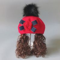 秋冬季儿童贝雷帽1女宝宝假发复古公主长发帽子南瓜帽小女孩礼帽2 红色花朵 参考年龄1-3岁(48-50cm)