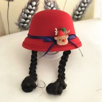 女童公主小礼帽春秋冬圣诞帽子女宝宝假发辫子帽1-2岁3婴儿帽洋气 红-麋鹿 1-3岁头围48-50