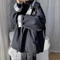 春季夹克外套女韩版宽松原宿港风2021新款盐系学生百搭ins情侣装 黑色 XXS 30斤以下穿