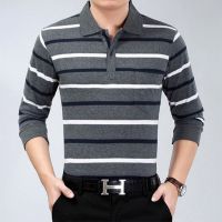 1件/2件春秋款条纹长袖T恤男装中年翻领男士上衣带领大码Polo衫 1件/深灰条 M码90-100斤穿