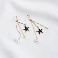 气质黑色五角星珍珠流苏耳饰韩版长款百搭星星耳勾耳坠女耳环耳钉 主图款[E-47]