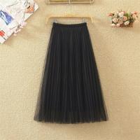 加柔抗皱中长款网纱裙春夏秋冬四季女百褶半身裙韩版显瘦大摆A字 黑色77cm 2层网纱+一层里布 均码