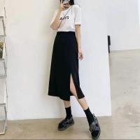 黑色夏季a字半身裙2021新款高档小个子学生胖mm显瘦遮肉开叉裙子 黑色(侧开叉) S 75-98斤