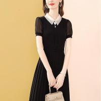 连衣裙夏装2021年新款大码女装黑色泡泡袖雪纺时尚百褶减龄中长裙[15天内发货] 黑色 M 90-105斤