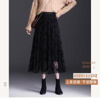 网纱碎花半身裙女春秋新款高腰中长款A字大摆百褶裙仙女裙 黑色 75厘米 M 80到100斤