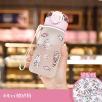 创意磨砂随手杯吸管杯DIY卡通韩版塑料杯防摔户外男女学生透明杯 400ML+粉色 颜色随机+无贴纸+无绳(不耐摔)