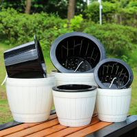 仿陶瓷木桶花盆特大号吊篮绿萝花盆室内 自动懒人免浇灌水培花盆 木桶款白色花盆 2个装中号